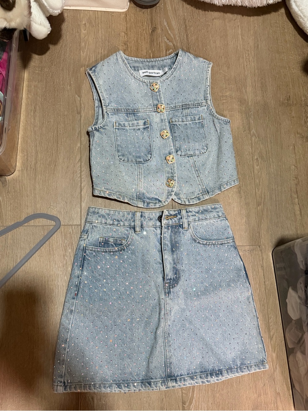 Self Portrait Light Blue Denim Rhinestone Vest & Skirt Set - Picture 1 of 4